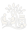 An icon of two people sitting, a tree, and a prescription bottle representing Therapy & Medication Support at Morina Counseling